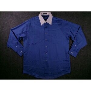 Arrow Dress Shirt Mens 16.5 Large Blue White Contrast Collar Long Sleeve